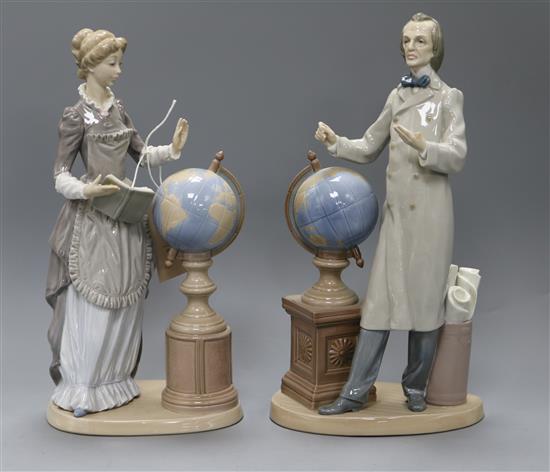 A pair of Lladro figures: Professor, number 5208 (missing lecture paper) and School Marm, number 2509 height 33cm